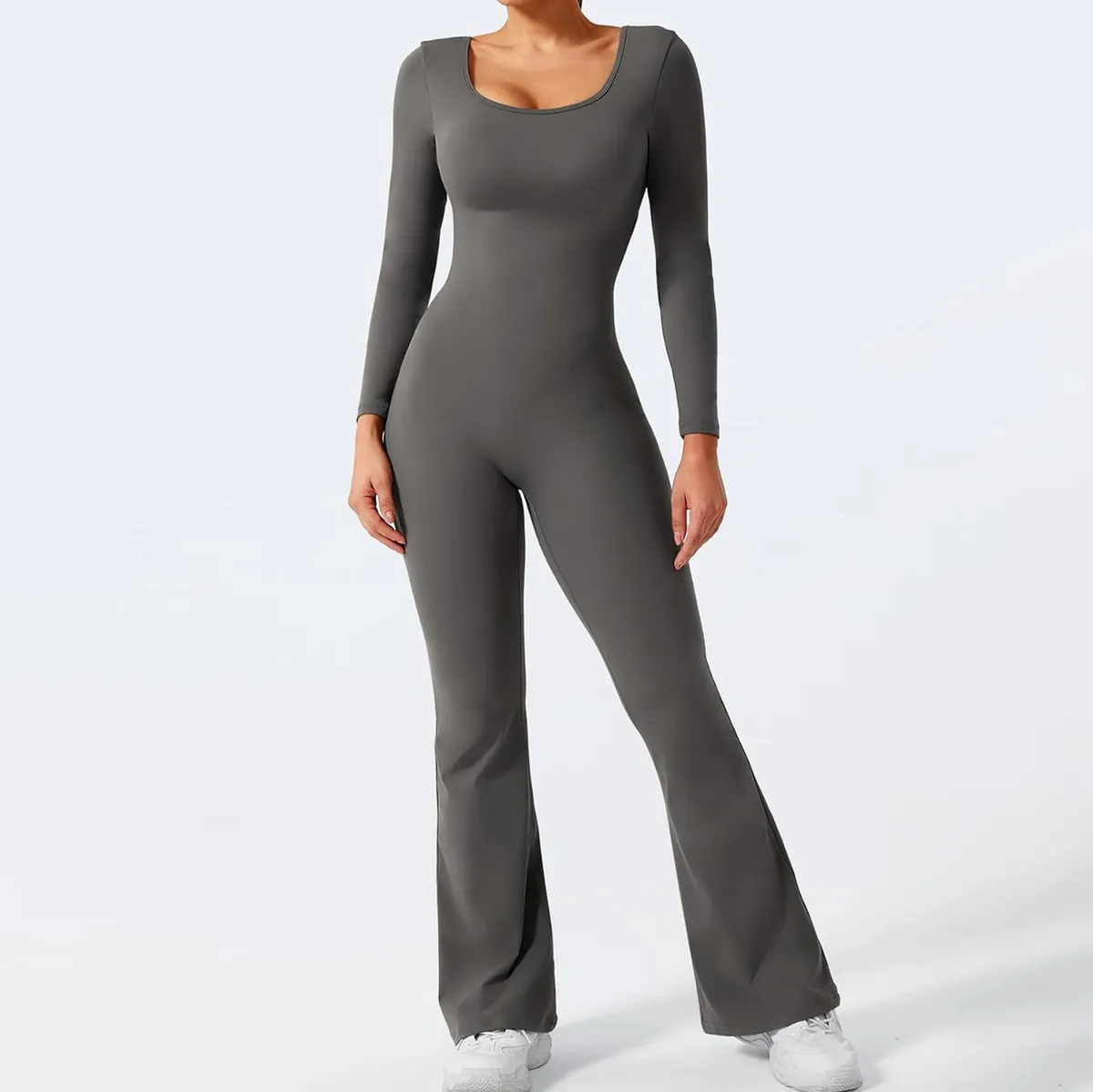 Women Casual Solid Color Square Neck Long-Sleeve Backless Yoga Sports Jumpsuit