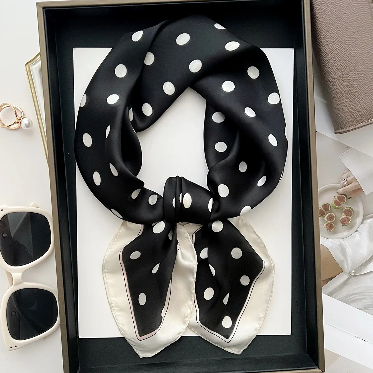 Women Fashion Simple Wave Dot Square Silk Scarf