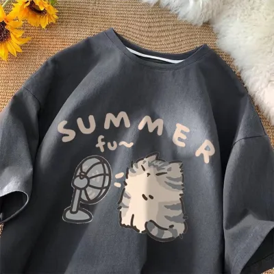 Women Casual Cartoon Printed Short-Sleeve Loose T-Shirt