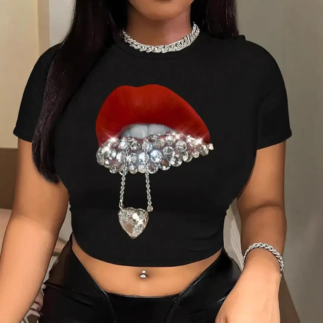 Women's Sexy Letter Printed Short-Sleeve Tight T-Shirt - Street Hipster Style