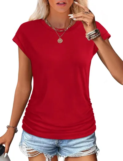 Women's Casual Bat Sleeve T-Shirt - Solid Color Slim Fit Round Neck