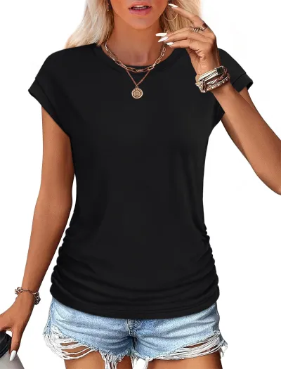 Women's Casual Bat Sleeve T-Shirt - Solid Color Slim Fit Round Neck