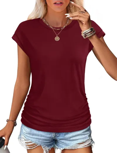 Women's Casual Bat Sleeve T-Shirt - Solid Color Slim Fit Round Neck