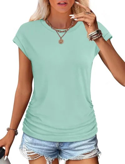Women's Casual Bat Sleeve T-Shirt - Solid Color Slim Fit Round Neck
