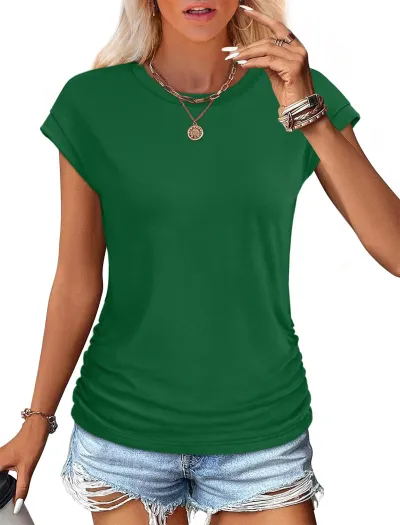 Women's Casual Bat Sleeve T-Shirt - Solid Color Slim Fit Round Neck