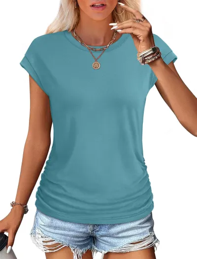 Women's Casual Bat Sleeve T-Shirt - Solid Color Slim Fit Round Neck