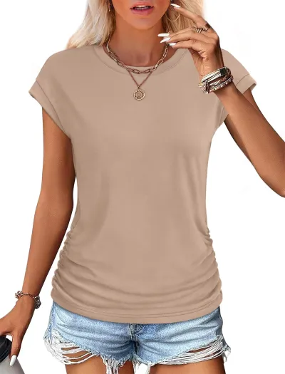 Women's Casual Bat Sleeve T-Shirt - Solid Color Slim Fit Round Neck