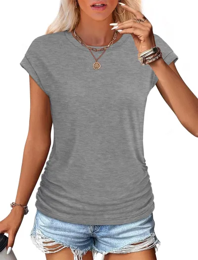 Women's Casual Bat Sleeve T-Shirt - Solid Color Slim Fit Round Neck