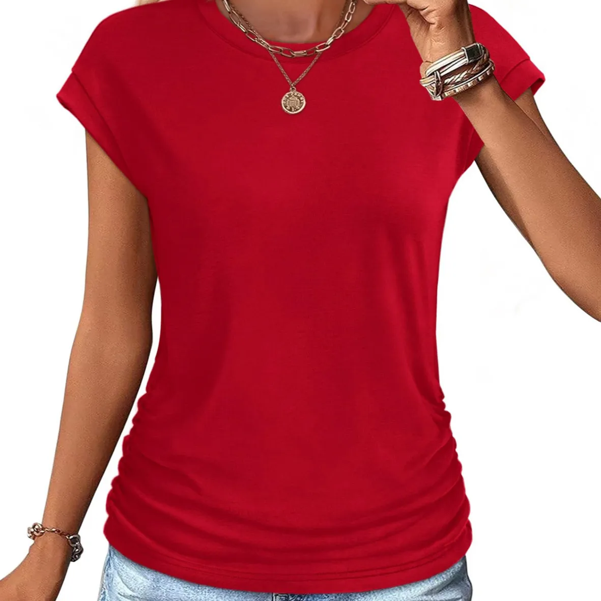 Women's Casual Bat Sleeve T-Shirt - Solid Color Slim Fit Round Neck