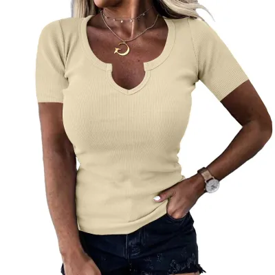 Women Fashion Casual Solid Color Deep U Neck Long-Sleeve T-Shirt