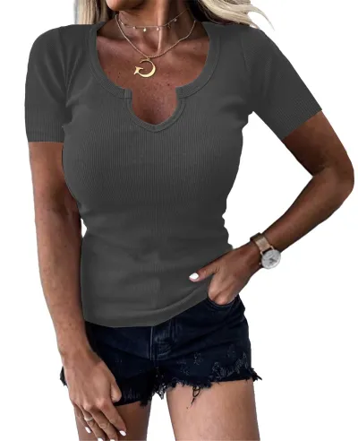 Women Fashion Casual Solid Color Deep U Neck Long-Sleeve T-Shirt