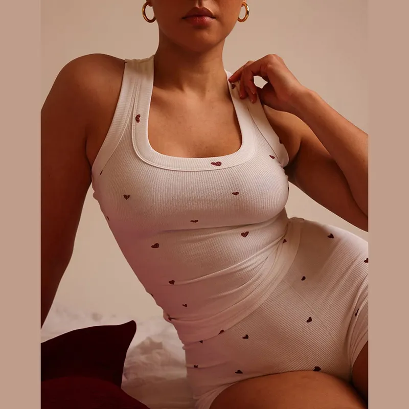 Women Sexy Love Heart Printed Round Neck Sleeveless Tank Top Tight Shorts Pajamas Two-Piece Set