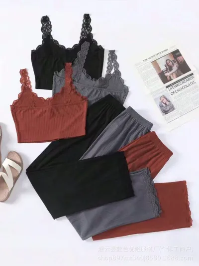 Women's Lace-Trimmed Crop Top Loose Pants Pajamas Set
