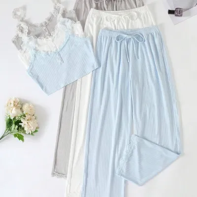 Women's Lace-Trimmed Crop Top Loose Pants Pajamas Set
