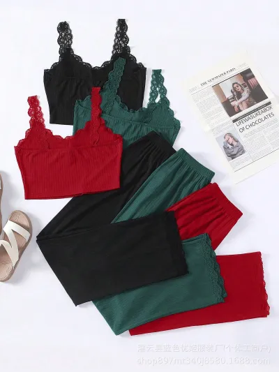 Women's Lace-Trimmed Crop Top Loose Pants Pajamas Set