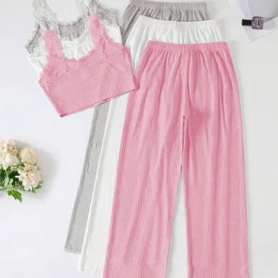 Women's Lace-Trimmed Crop Top Loose Pants Pajamas Set