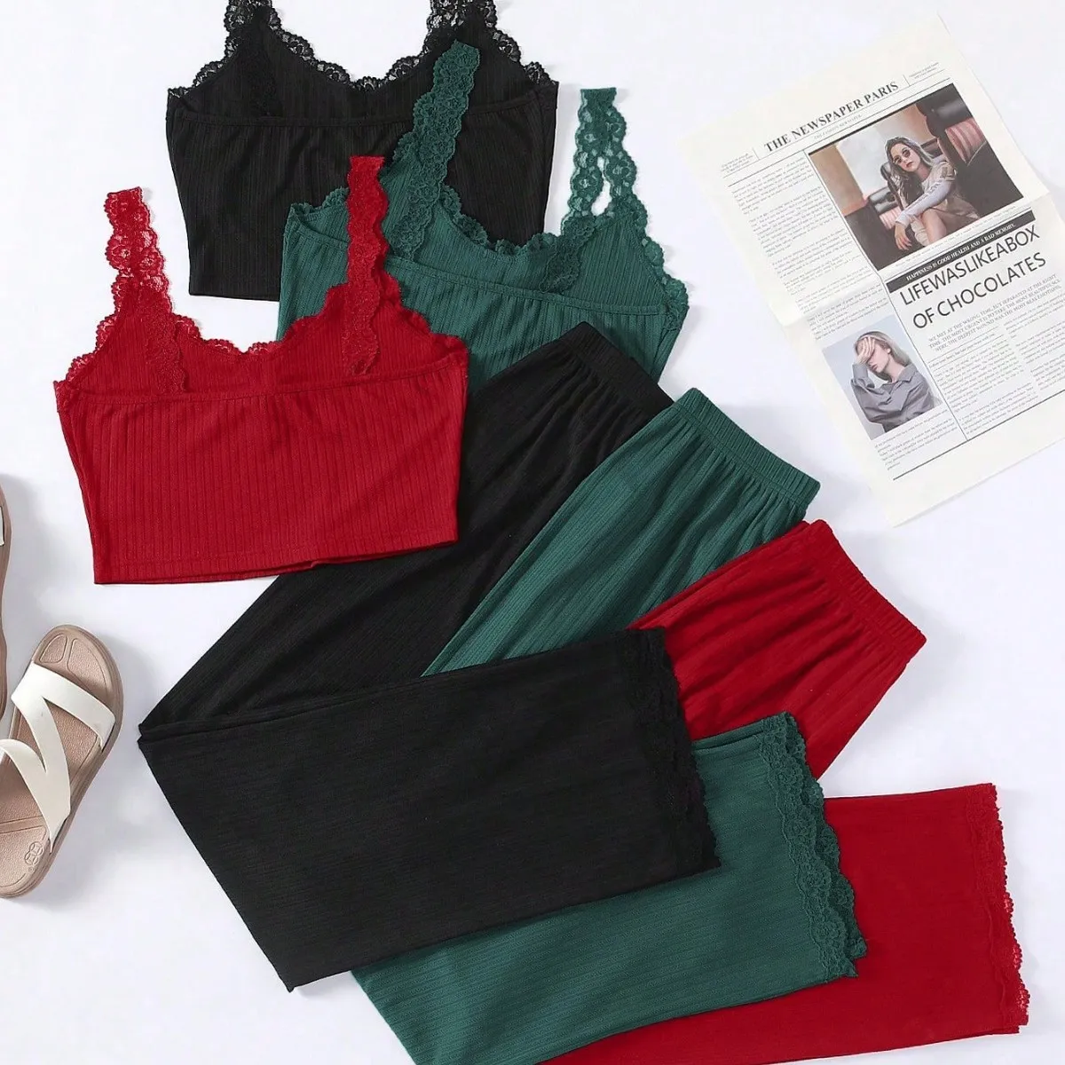 Women's Lace-Trimmed Crop Top Loose Pants Pajamas Set