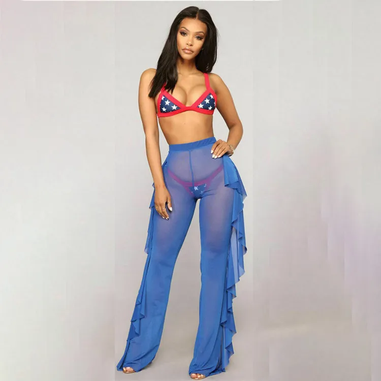 Women Fashion Sexy Solid Color Mesh Perspective Ruffled Pants