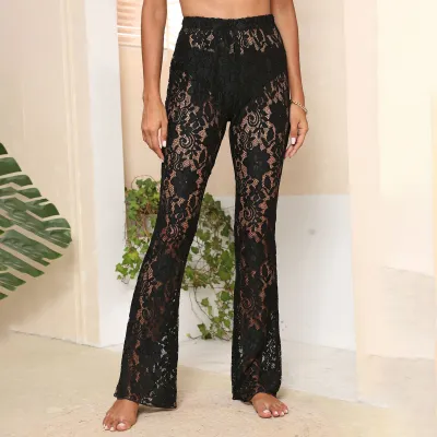 Women Fashion Sexy Floral Lace Perspective Flared Pants