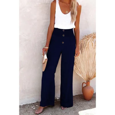 Women Fashion Casual Solid Color Cotton And Linen Loose Wide-Leg Pants