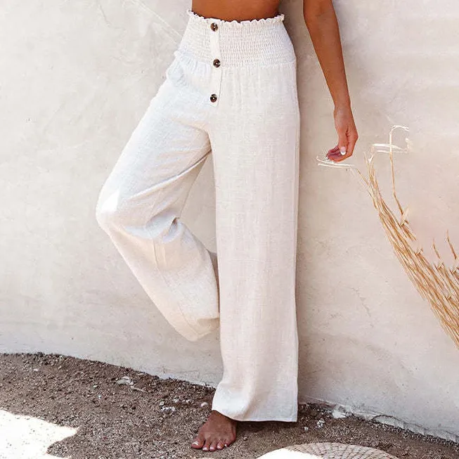 Women Fashion Casual Solid Color Cotton And Linen Loose Wide-Leg Pants