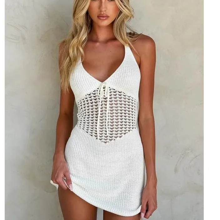 Women Fashion Sexy Solid Color Hollow Knitted Halter-Neck Backless Dress