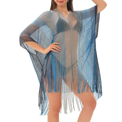 Women Fashion Sexy Gradient Mesh Hollow-Out Short-Sleeve Swimsuit Cover-Ups