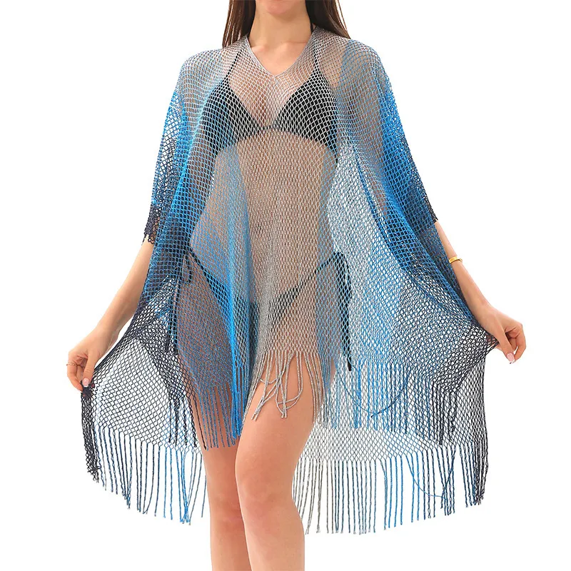 Women Fashion Sexy Gradient Mesh Hollow-Out Short-Sleeve Swimsuit Cover-Ups