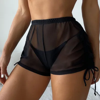 Women Fashion Sexy Solid Color Mesh High Waist Drawstring Swimming Trunks