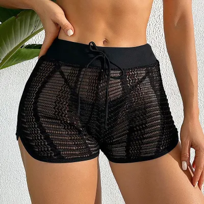 Women Fashion Sexy Solid Color Lace Hollow-Out Drawstring Shorts