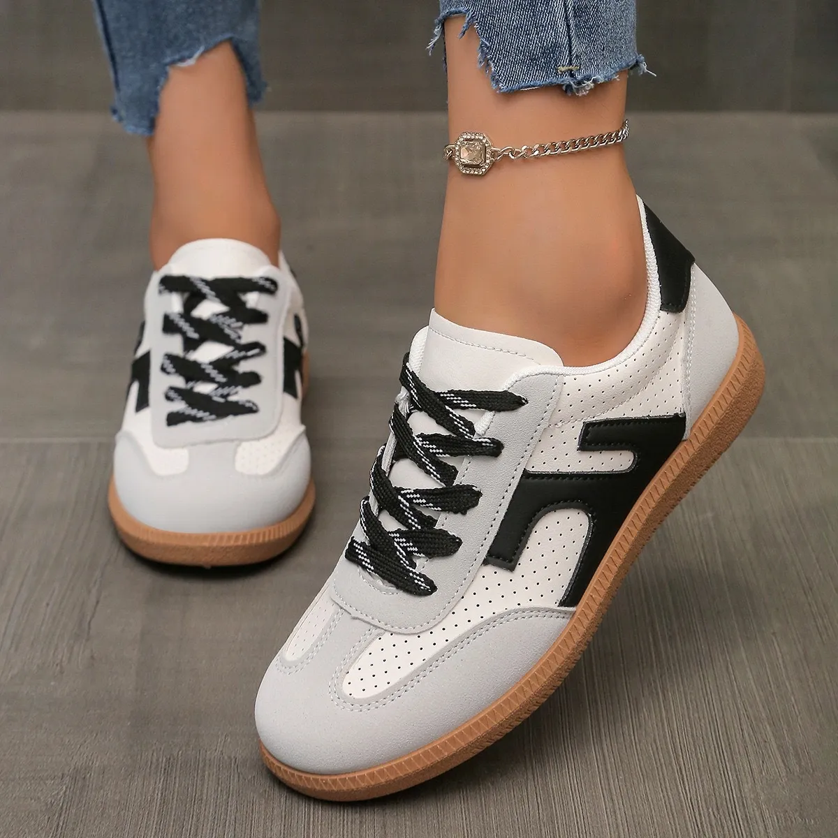 Women Vintage Colorblock German Trainers Lace Up Sneakers
