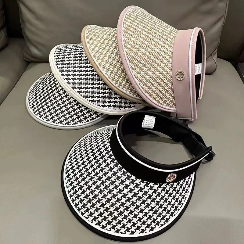 Women Fashion Casual Straw Houndstooth Big Brim Sun Hat