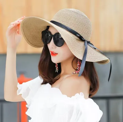 Women's Fashion Casual Solid Color Foldable Beach Big Brim Straw Sun Hat