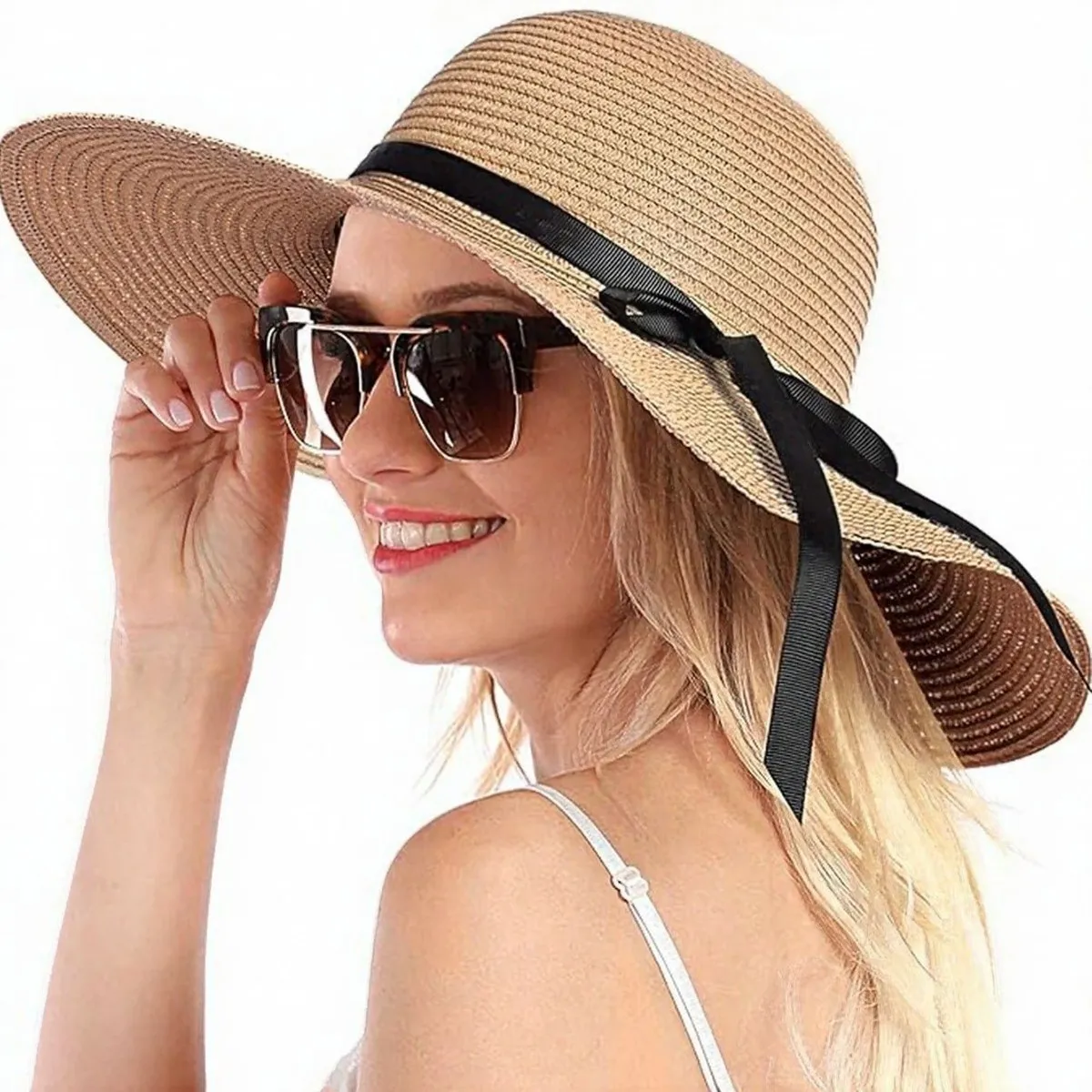 Women's Fashion Casual Solid Color Foldable Beach Big Brim Straw Sun Hat