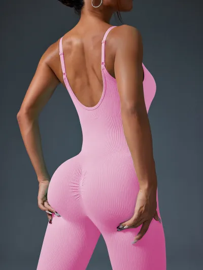 Women Fashion Sexy Solid Color Threaded Seamless Spaghetti Strap Backless Yoga Jumpsuit