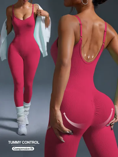 Women Fashion Sexy Solid Color Threaded Seamless Spaghetti Strap Backless Yoga Jumpsuit