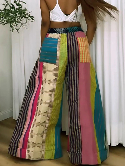 Wholesale Women Fashion Casual Color Block Wide Leg Pants
