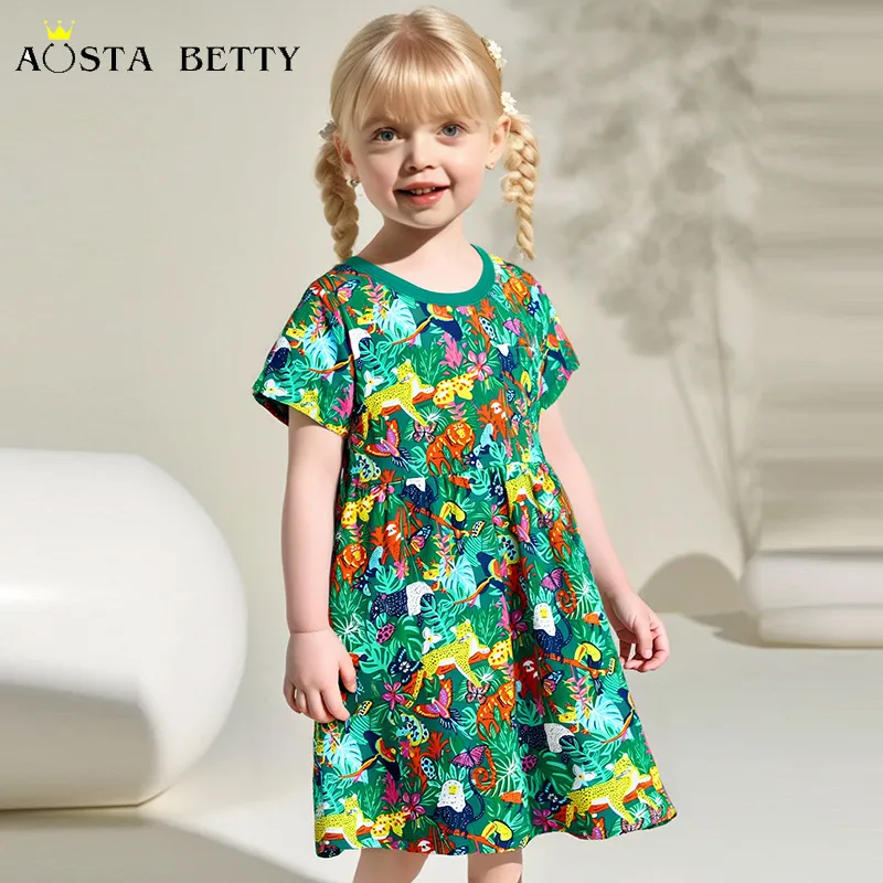 Summer Girls Cotton Knit Cartoon Printed Princess Dress Short Sleeve