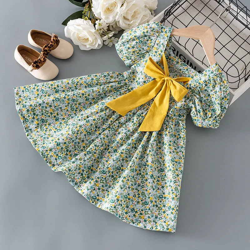 Girls Fashion Floral Print Bow Dress A-Line Princess Style for 3-14T