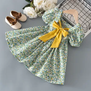 Girls Fashion Floral Print Bow Dress A-Line Princess Style for 3-14T