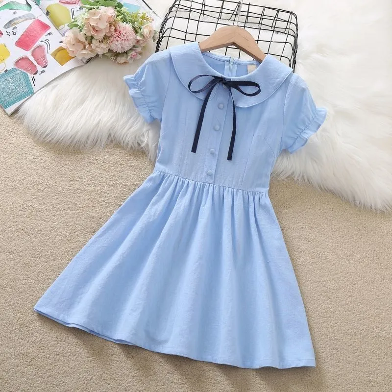 Girls Fashion Princess Dress Solid Color Short Sleeve Hemp Blend 3-14T