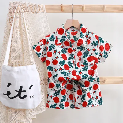 Boys Fashion Print Shirt And Shorts Two-Piece Set, Alphabet Floral Abstract, Short Sleeve