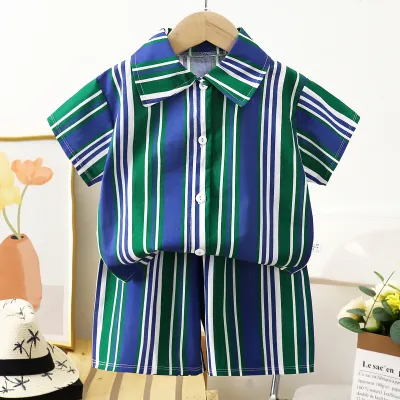 Boys Fashion Print Shirt And Shorts Two-Piece Set, Alphabet Floral Abstract, Short Sleeve