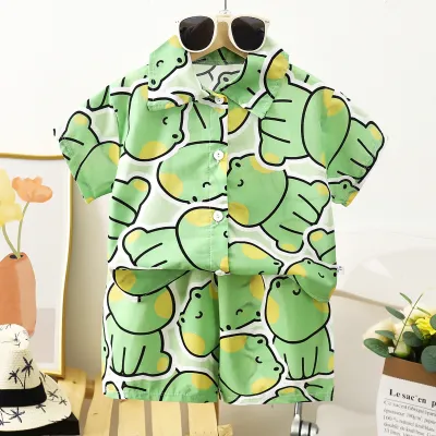 Boys Fashion Print Shirt And Shorts Two-Piece Set, Alphabet Floral Abstract, Short Sleeve