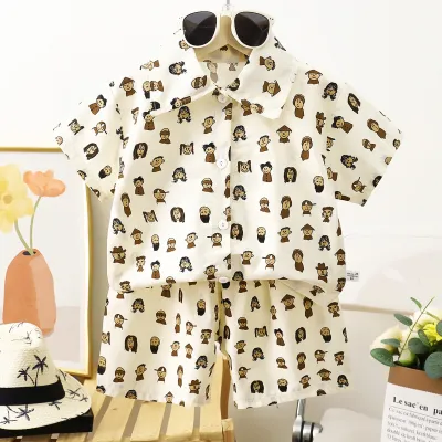 Boys Fashion Print Shirt And Shorts Two-Piece Set, Alphabet Floral Abstract, Short Sleeve