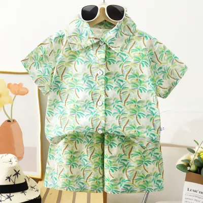Boys Fashion Print Shirt And Shorts Two-Piece Set, Alphabet Floral Abstract, Short Sleeve