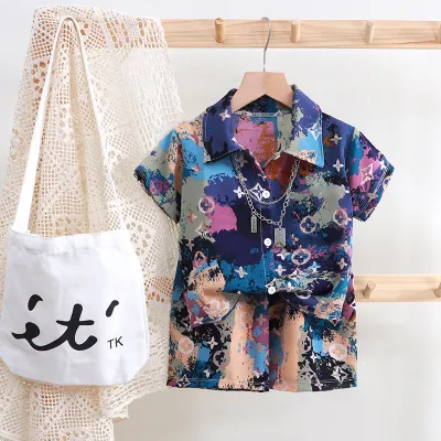 Boys Fashion Print Shirt And Shorts Two-Piece Set, Alphabet Floral Abstract, Short Sleeve