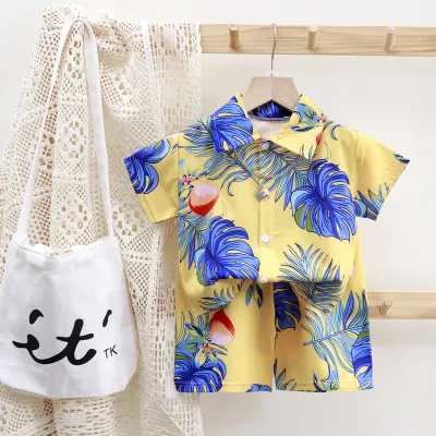 Boys Fashion Print Shirt And Shorts Two-Piece Set, Alphabet Floral Abstract, Short Sleeve