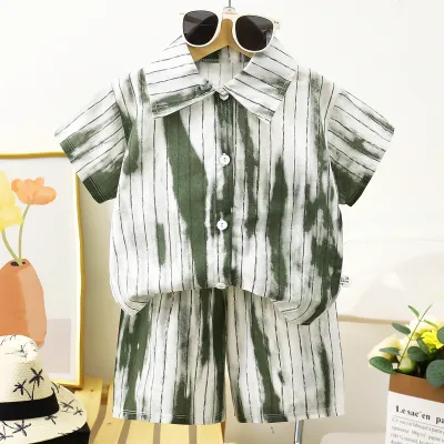 Boys Fashion Print Shirt And Shorts Two-Piece Set, Alphabet Floral Abstract, Short Sleeve