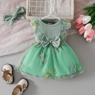 Baby Girl Butterfly Gauze Puffy Dress Sleeveless A-Line Solid Color
